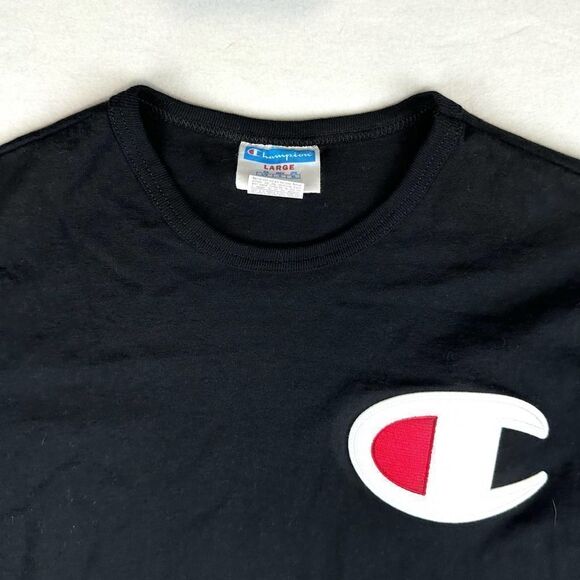 Champion Blue Bar Vintage 70s Black Big Stitched Logo T Shirt Men’s L - Picture 3 of 10